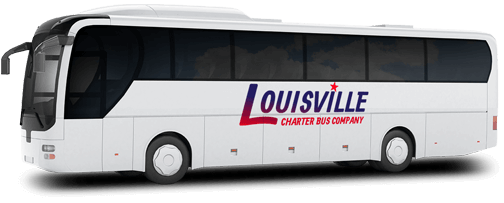 a plain white charter bus with a "Louisville Charter Bus Company" logo